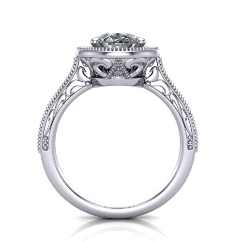 Octavia oval vintage halo engagement ring in Platinum, through-finger front profile showing the filigree scrollwork gallery