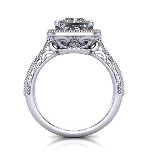 Octavia princess vintage halo engagement ring in 14K White Gold, through-finger front profile showing the filigree scrollwork gallery