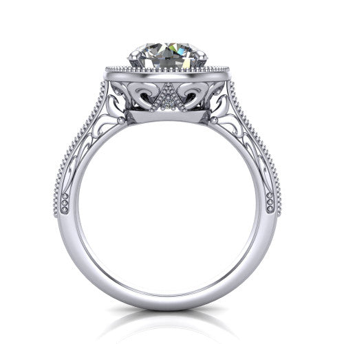 Octavia round vintage halo engagement ring in 14K White Gold, through-finger front profile showing the filigree scrollwork gallery