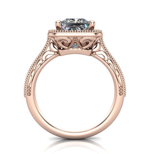Octavia princess vintage halo engagement ring in 14K Rose Gold, through-finger front profile showing the filigree scrollwork gallery