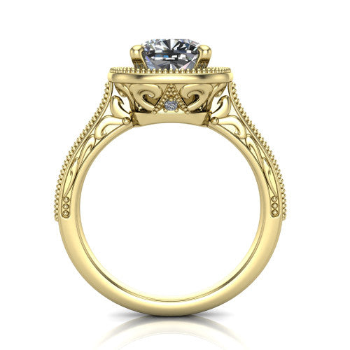 Octavia cushion vintage halo engagement ring in 14K Yellow Gold, through-finger front profile showing the filigree scrollwork gallery