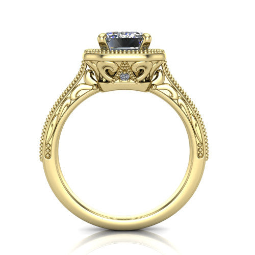 Octavia emerald vintage halo engagement ring in 14K Yellow Gold, through-finger front profile showing the filigree scrollwork gallery