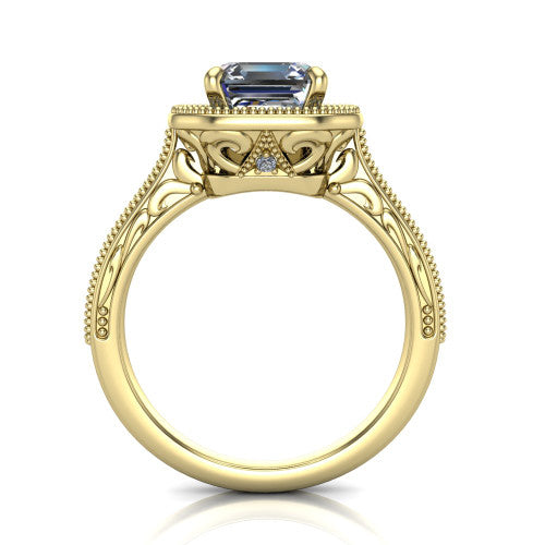 Octavia square emerald vintage halo engagement ring in 18K Yellow Gold, through-finger front profile showing the filigree scrollwork gallery