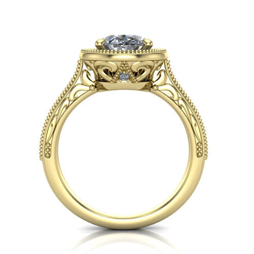 Octavia oval vintage halo engagement ring in 14K Yellow Gold, through-finger front profile showing the filigree scrollwork gallery