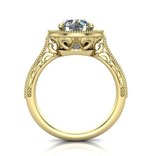 Octavia round vintage halo engagement ring in 18K Yellow Gold, through-finger front profile showing the filigree scrollwork gallery