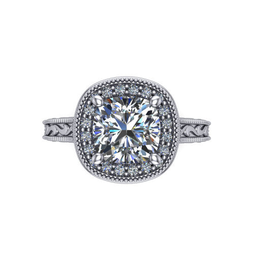 Octavia cushion vintage halo engagement ring in Platinum, top-down view showing the cushion center diamond framed by a milgrain pave halo