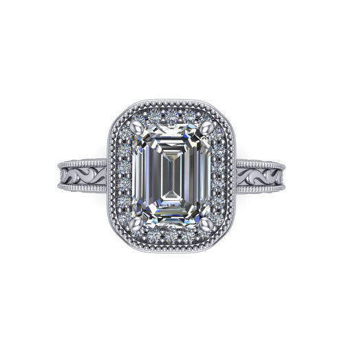 Octavia emerald vintage halo engagement ring in 14K White Gold, top-down view showing the emerald center diamond framed by a milgrain pave halo