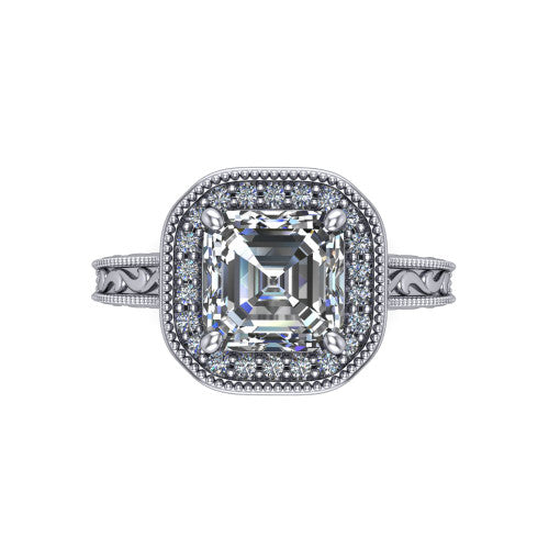 Octavia square emerald vintage halo engagement ring in Platinum, top-down view showing the square emerald center diamond framed by a milgrain pave halo