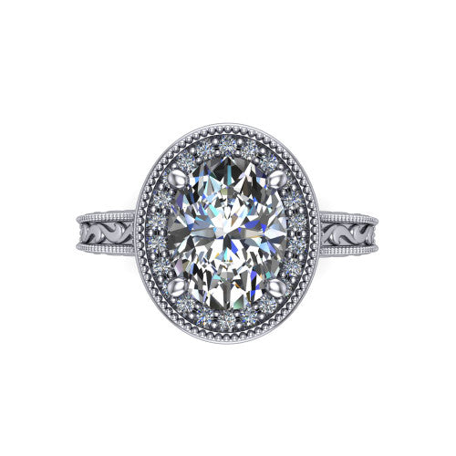Octavia oval vintage halo engagement ring in Platinum, top-down view showing the oval center diamond framed by a milgrain pave halo