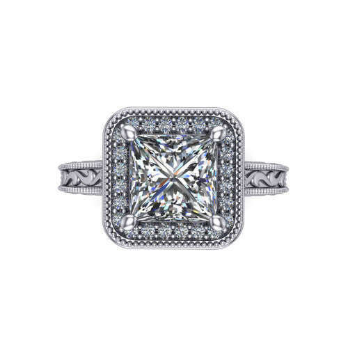 Octavia princess vintage halo engagement ring in 14K White Gold, top-down view showing the princess center diamond framed by a milgrain pave halo