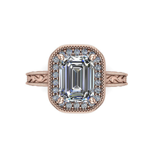 Octavia emerald vintage halo engagement ring in 14K Rose Gold, top-down view showing the emerald center diamond framed by a milgrain pave halo