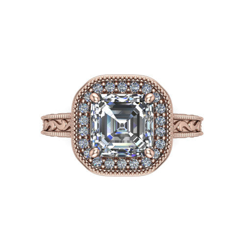Octavia square emerald vintage halo engagement ring in 14K Rose Gold, top-down view showing the square emerald center diamond framed by a milgrain pave halo
