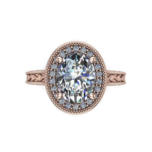 Octavia oval vintage halo engagement ring in 18K Rose Gold, top-down view showing the oval center diamond framed by a milgrain pave halo