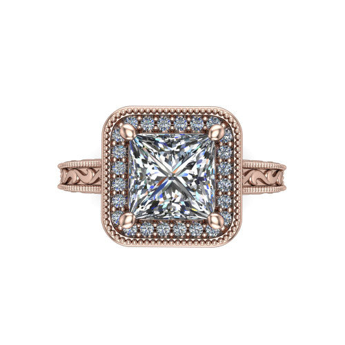 Octavia princess vintage halo engagement ring in 18K Rose Gold, top-down view showing the princess center diamond framed by a milgrain pave halo