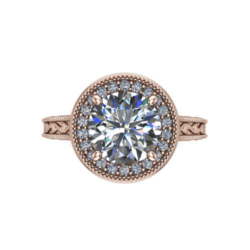 Octavia round vintage halo engagement ring in 14K Rose Gold, top-down view showing the round center diamond framed by a milgrain pave halo