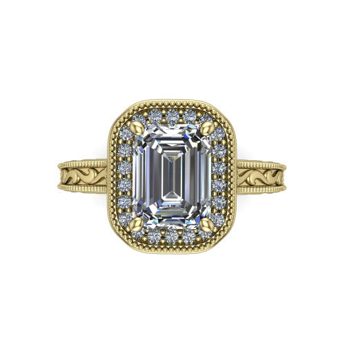 Octavia emerald vintage halo engagement ring in 18K Yellow Gold, top-down view showing the emerald center diamond framed by a milgrain pave halo
