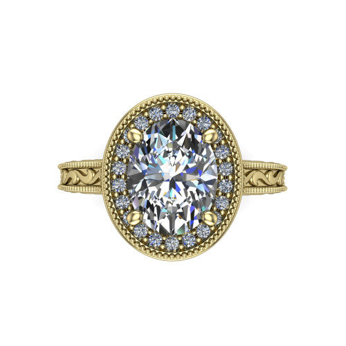 Octavia oval vintage halo engagement ring in 14K Yellow Gold, top-down view showing the oval center diamond framed by a milgrain pave halo