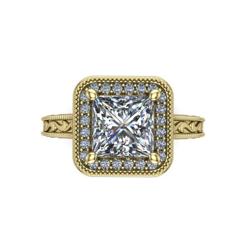 Octavia princess vintage halo engagement ring in 18K Yellow Gold, top-down view showing the princess center diamond framed by a milgrain pave halo