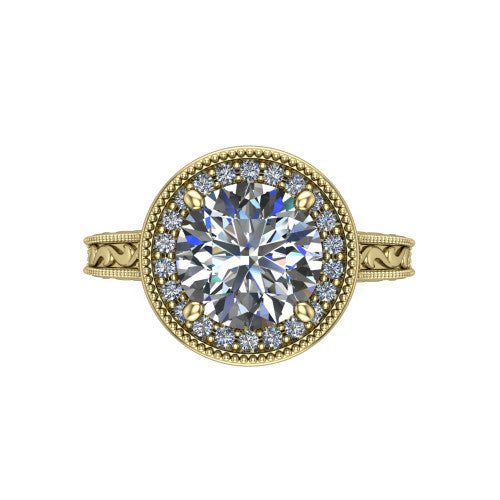 Octavia round vintage halo engagement ring in 14K Yellow Gold, top-down view showing the round center diamond framed by a milgrain pave halo