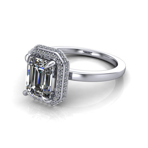 Angela emerald halo engagement ring in 14K White Gold, three-quarter perspective showing the emerald center diamond in a double-row pave halo