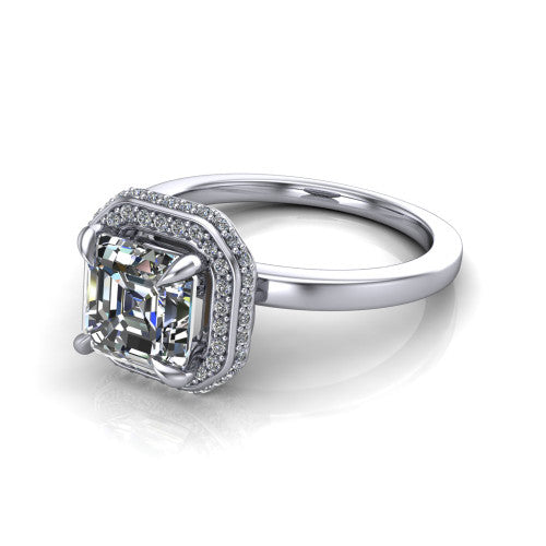 Angela square emerald halo engagement ring in 14K White Gold, three-quarter perspective showing the square emerald center diamond in a double-row pave halo