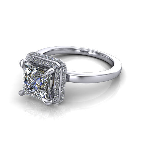 Angela princess halo engagement ring in 14K White Gold, three-quarter perspective showing the princess center diamond in a double-row pave halo