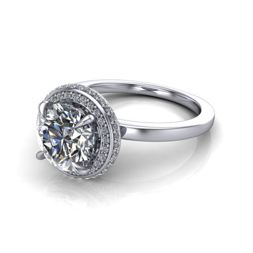 Angela round halo engagement ring in Platinum, three-quarter perspective showing the round center diamond in a double-row pave halo