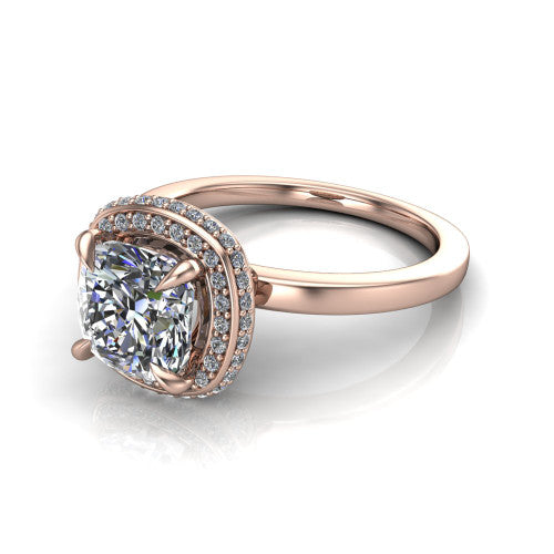 Angela cushion halo engagement ring in 14K Rose Gold, three-quarter perspective showing the cushion center diamond in a double-row pave halo