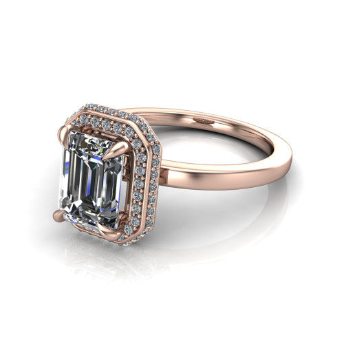 Angela emerald halo engagement ring in 14K Rose Gold, three-quarter perspective showing the emerald center diamond in a double-row pave halo