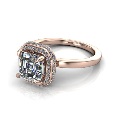 Angela square emerald halo engagement ring in 14K Rose Gold, three-quarter perspective showing the square emerald center diamond in a double-row pave halo