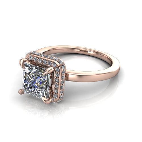 Angela princess halo engagement ring in 18K Rose Gold, three-quarter perspective showing the princess center diamond in a double-row pave halo