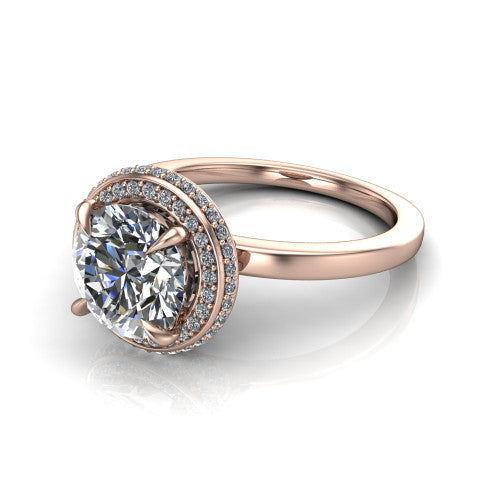 Angela round halo engagement ring in 14K Rose Gold, three-quarter perspective showing the round center diamond in a double-row pave halo