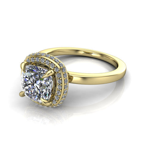 Angela cushion halo engagement ring in 18K Yellow Gold, three-quarter perspective showing the cushion center diamond in a double-row pave halo