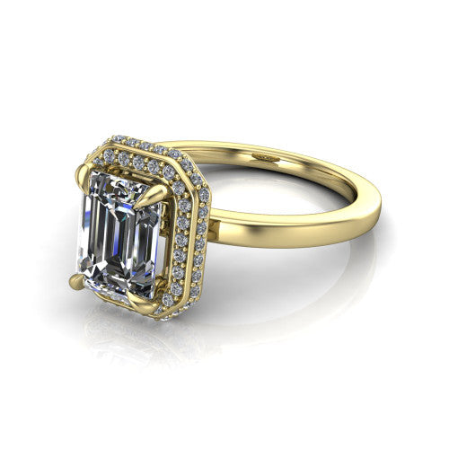 Angela emerald halo engagement ring in 14K Yellow Gold, three-quarter perspective showing the emerald center diamond in a double-row pave halo