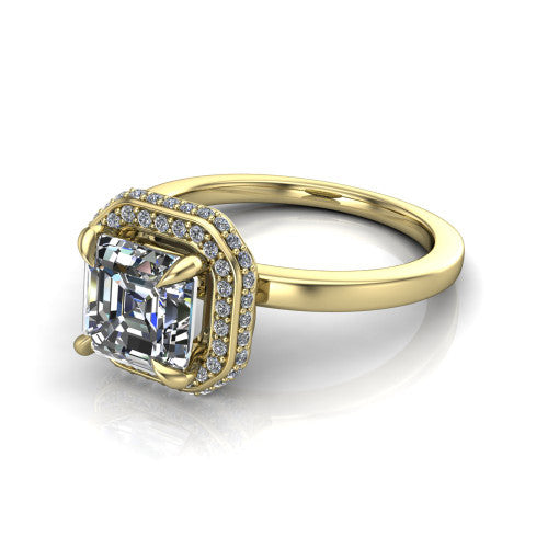 Angela square emerald halo engagement ring in 18K Yellow Gold, three-quarter perspective showing the square emerald center diamond in a double-row pave halo
