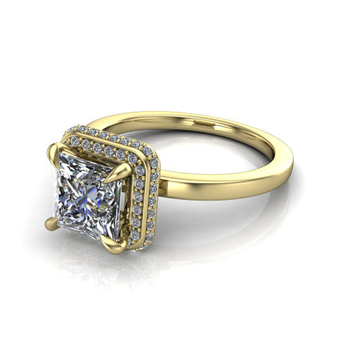 Angela princess halo engagement ring in 14K Yellow Gold, three-quarter perspective showing the princess center diamond in a double-row pave halo