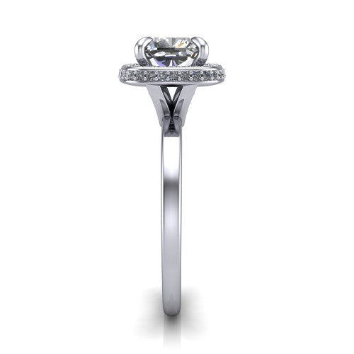 Angela cushion halo engagement ring in 14K White Gold, side profile showing the pave basket and polished shank