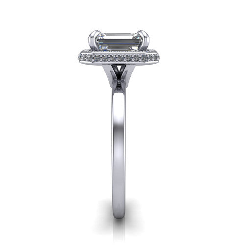 Angela emerald halo engagement ring in 18K White Gold, side profile showing the pave basket and polished shank
