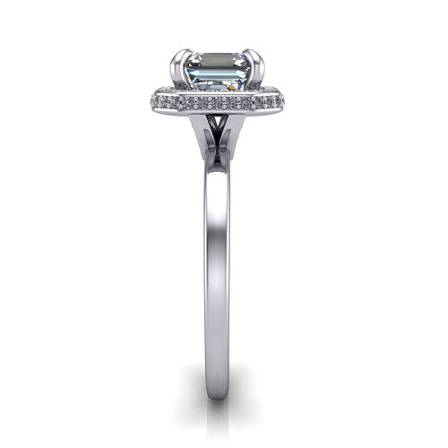 Angela square emerald halo engagement ring in 14K White Gold, side profile showing the pave basket and polished shank