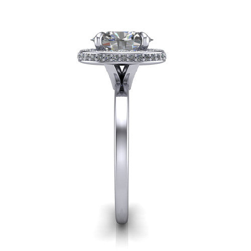 Angela oval halo engagement ring in 18K White Gold, side profile showing the pave basket and polished shank