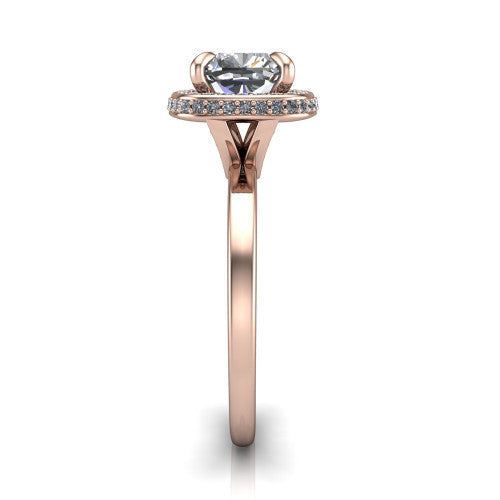 Angela cushion halo engagement ring in 18K Rose Gold, side profile showing the pave basket and polished shank
