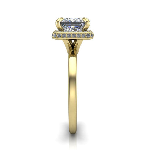 Angela princess halo engagement ring in 18K Yellow Gold, side profile showing the pave basket and polished shank