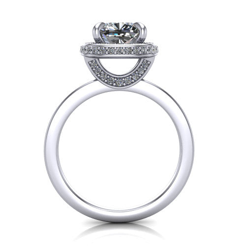 Angela cushion halo engagement ring in 14K White Gold, through-finger front profile showing the pave basket and polished band