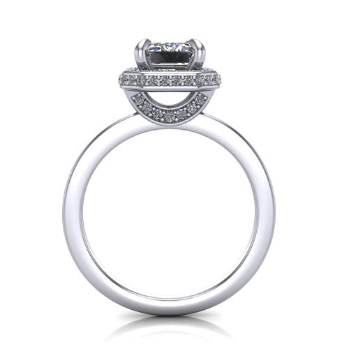 Angela emerald halo engagement ring in Platinum, through-finger front profile showing the pave basket and polished band