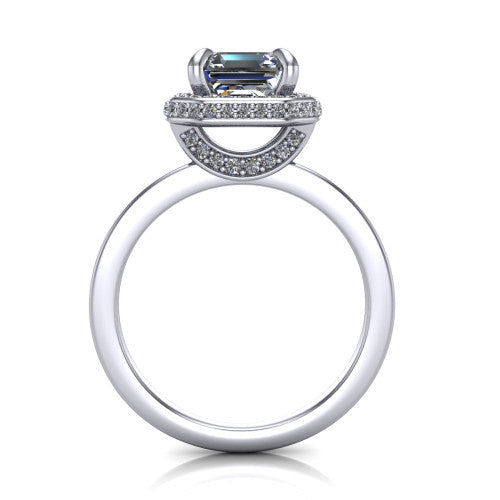 Angela square emerald halo engagement ring in 14K White Gold, through-finger front profile showing the pave basket and polished band