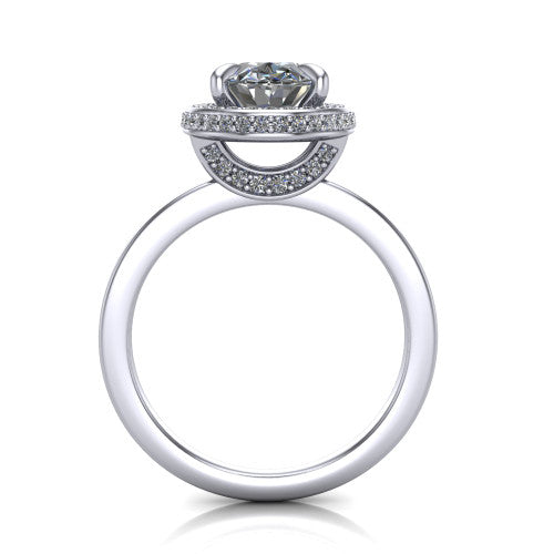 Angela oval halo engagement ring in Platinum, through-finger front profile showing the pave basket and polished band