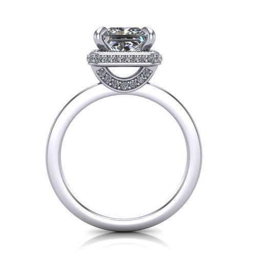 Angela princess halo engagement ring in Platinum, through-finger front profile showing the pave basket and polished band