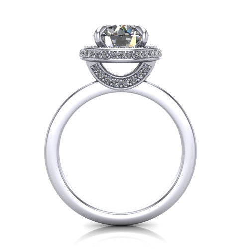 Angela round halo engagement ring in Platinum, through-finger front profile showing the pave basket and polished band