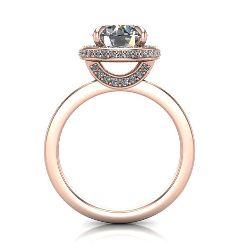 Angela round halo engagement ring in 18K Rose Gold, through-finger front profile showing the pave basket and polished band
