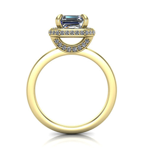 Angela square emerald halo engagement ring in 18K Yellow Gold, through-finger front profile showing the pave basket and polished band